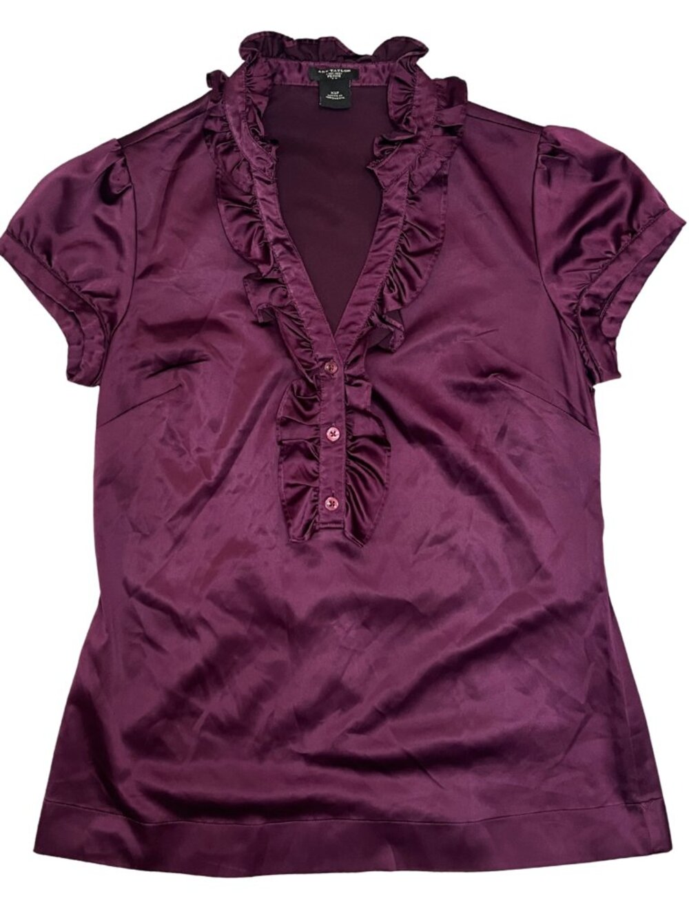 Vintage Ann Taylor Women's Satin Blouse Size XS Plum Ruffle Career Office Top